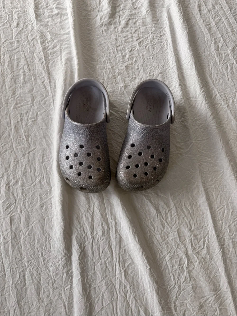 CROCS Kids Silver Glitter Clogs with Adjustable Heel Strap